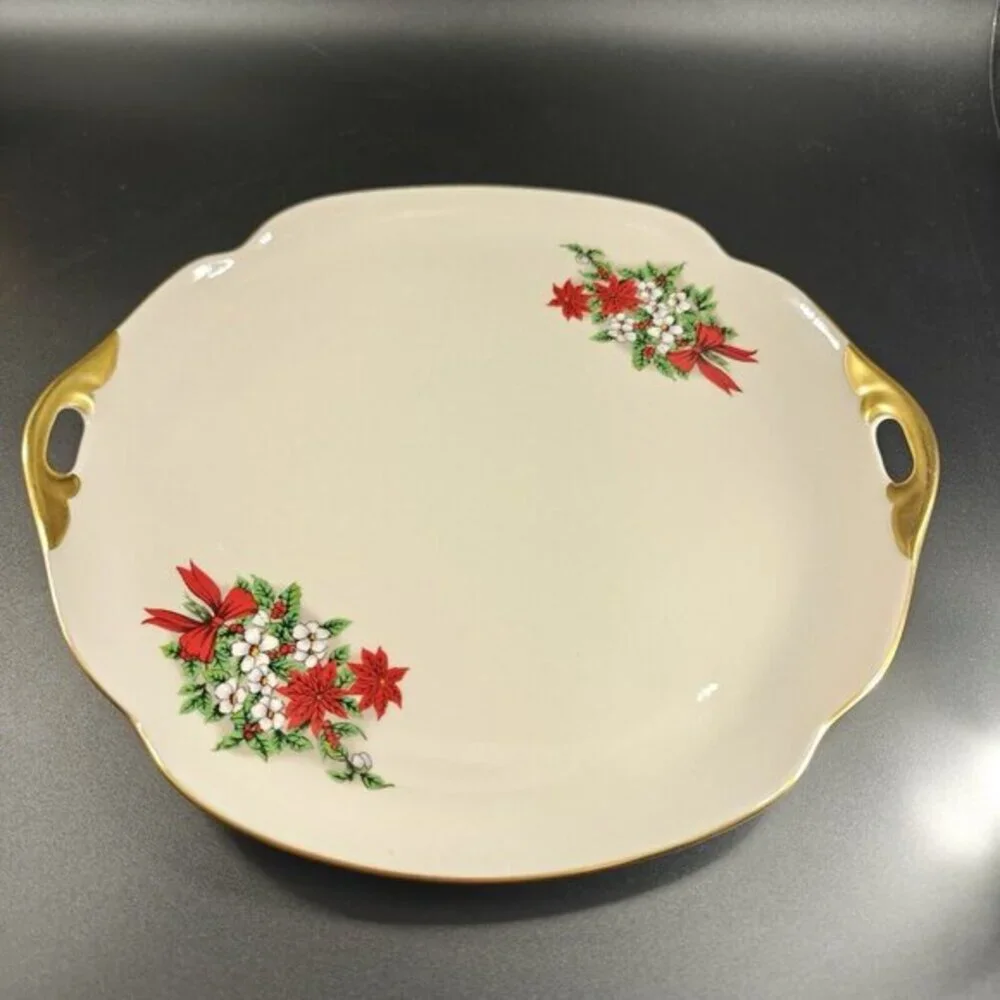 Pickard China Hand Decorated Poinsettia Plate Platter Porcelain USA Holiday VTG‎